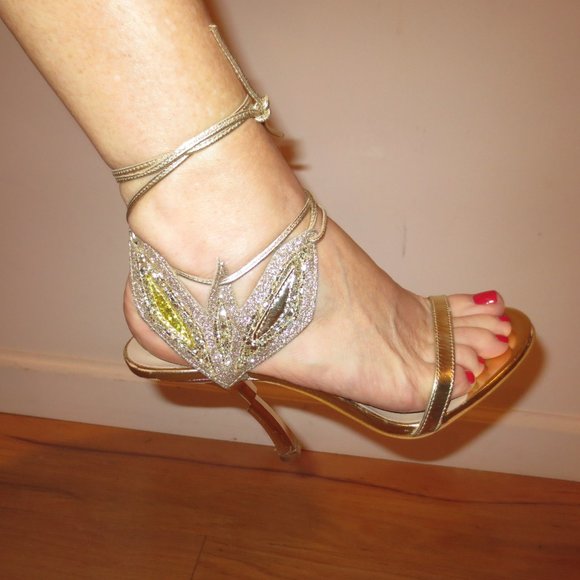 Last chance. NNB PATRIZIA PEPE Gold Leather Ankle Laced High Heel Sandals - Picture 7 of 11